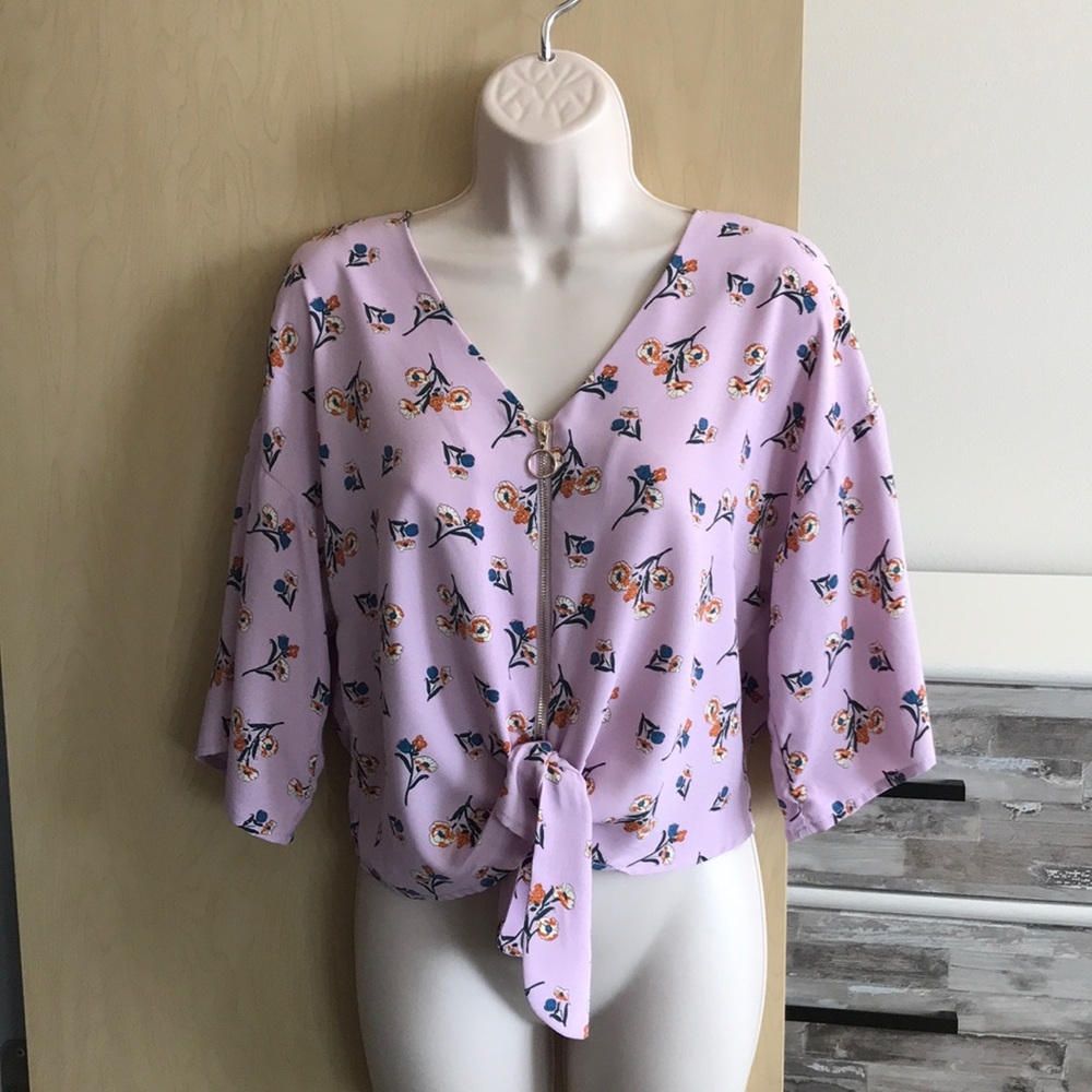 NWT Code Mode Zip Tie Front Purple Print Top Sz S